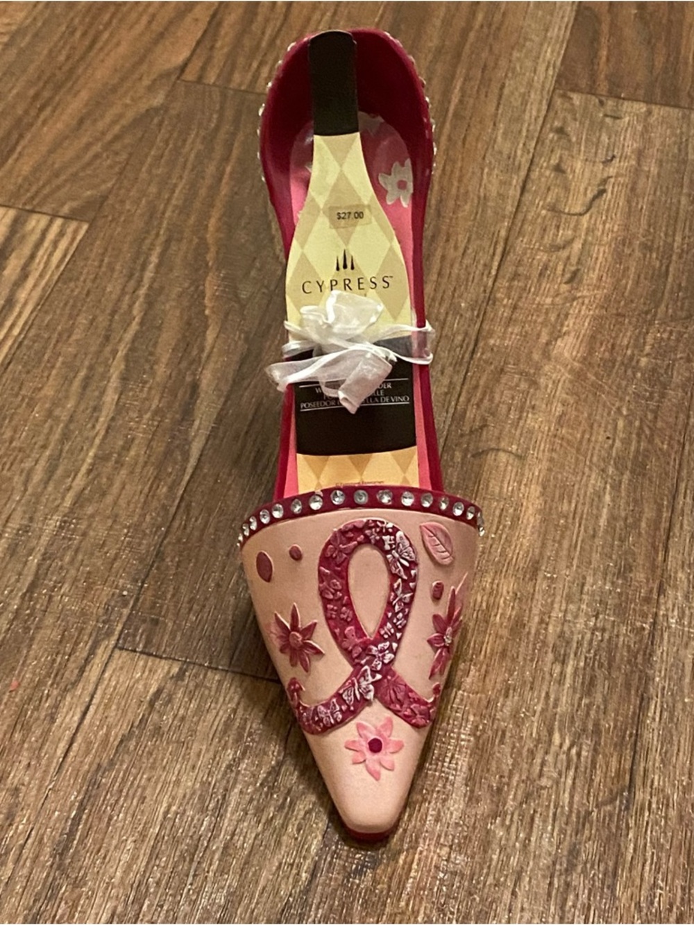 Cypress Resin Wine Bottle Holder Pink Ribbon High Heel Shoe 9”W x 7.5”H New NWT